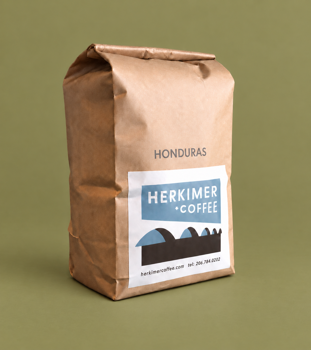Honduras whole bean coffee by Herkimer Coffee on a colored studio background