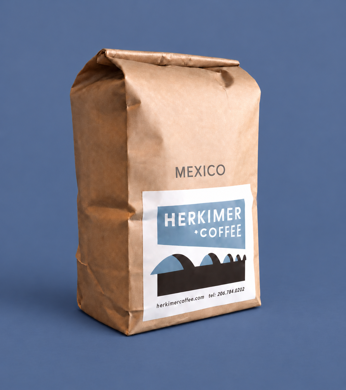 Mexico whole bean coffee by Herkimer Coffee on a colored studio background
