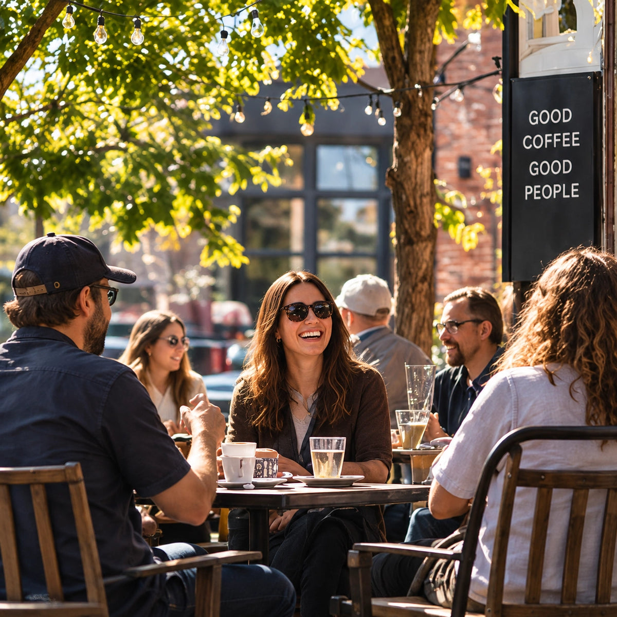 Friends enjoying a sunny neighborhood cafe terrace