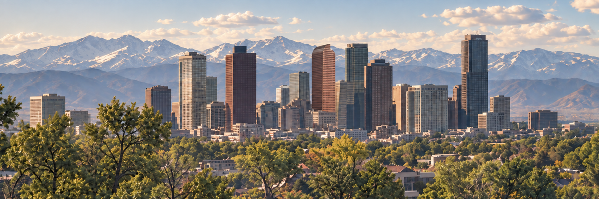 Denver skyline and Rocky Mountains in soft afternoon light