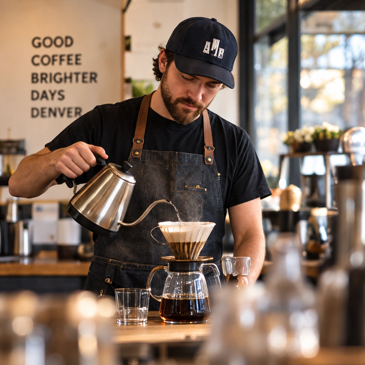Barista pouring hot water over freshly ground coffee